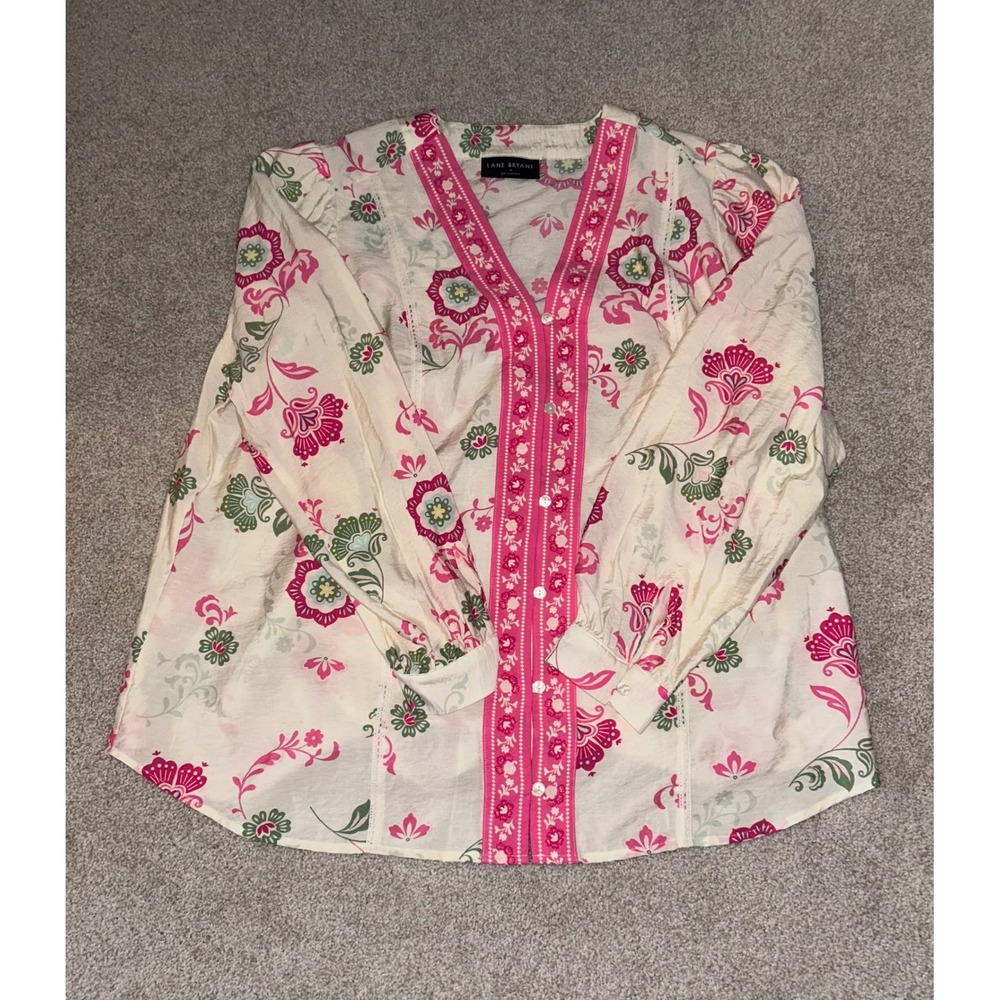 Lane Bryant Floral Button Front Blouse Size 18 Pink Green V-Neck Long Sleeve Top